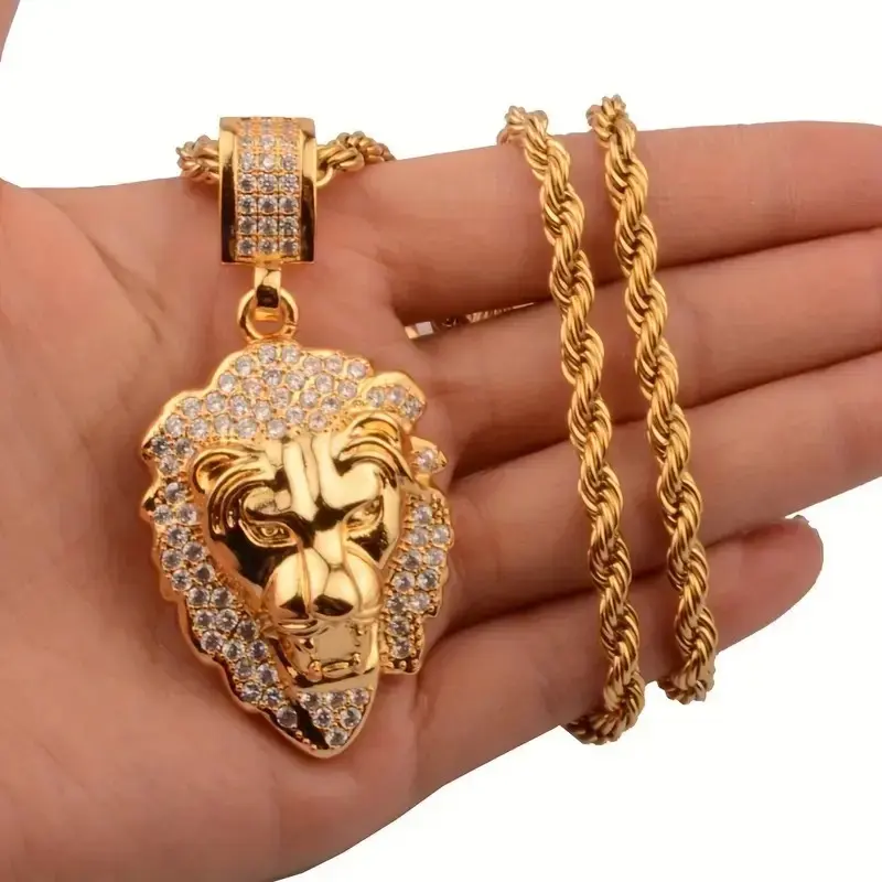 Men's Lion Head Pendant Necklace with Twisted Chain, Gold Plated Copper & Micro-Inlaid Diamonds, Elegant Hip-Hop Statement Jewelry, Diamond Necklaces, Copper Plated, Animal, Chain & Link, Hip Hop Jewellery, Iced Out Style, Metal Coating, Casual Wear