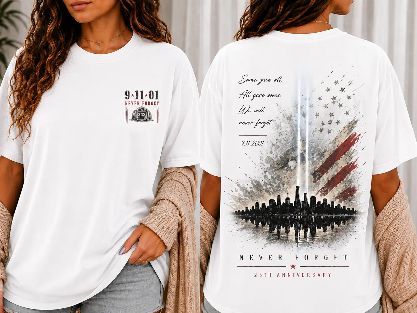 9/11 Never Forget Shirt, 25th Anniversary Memorial T-Shirt, 343 Firefighters Tribute Tee, September 11 Remembrance Gift, Gift For Women