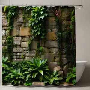 Rustic Stone Wall Shower Curtain, Lush Foliage, Nature-Inspired Bathroom Decor, Serene Garden Atmosphere, Spring Refresh, Home Makeover