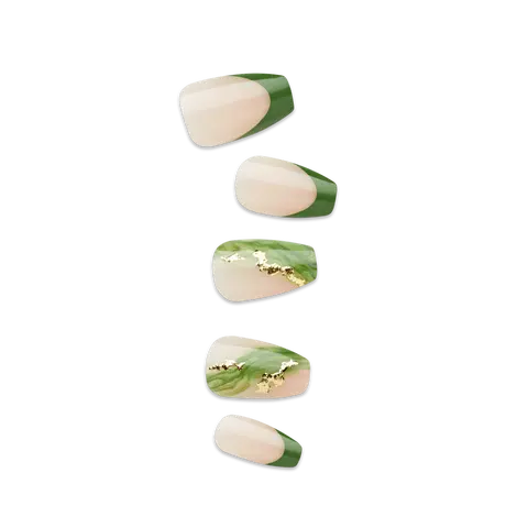Impress Design No Glue Fake Press On Nails - Ballerina | French Design, Green, Medium, Coffin, Manicure