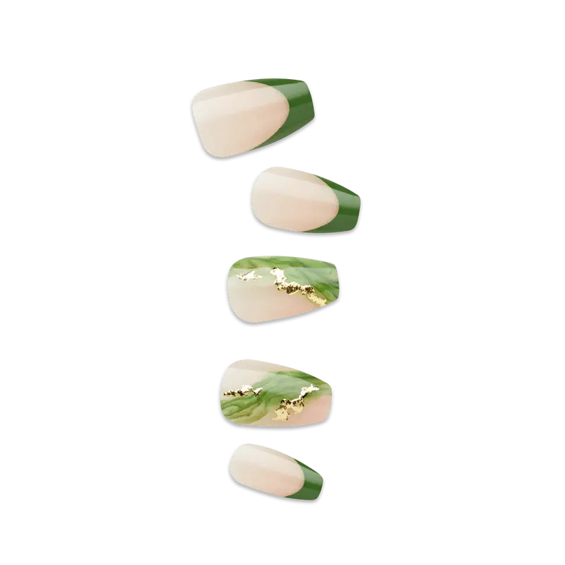 Impress Design No Glue Fake Press On Nails - Ballerina | French Design, Green, Medium, Coffin, Manicure