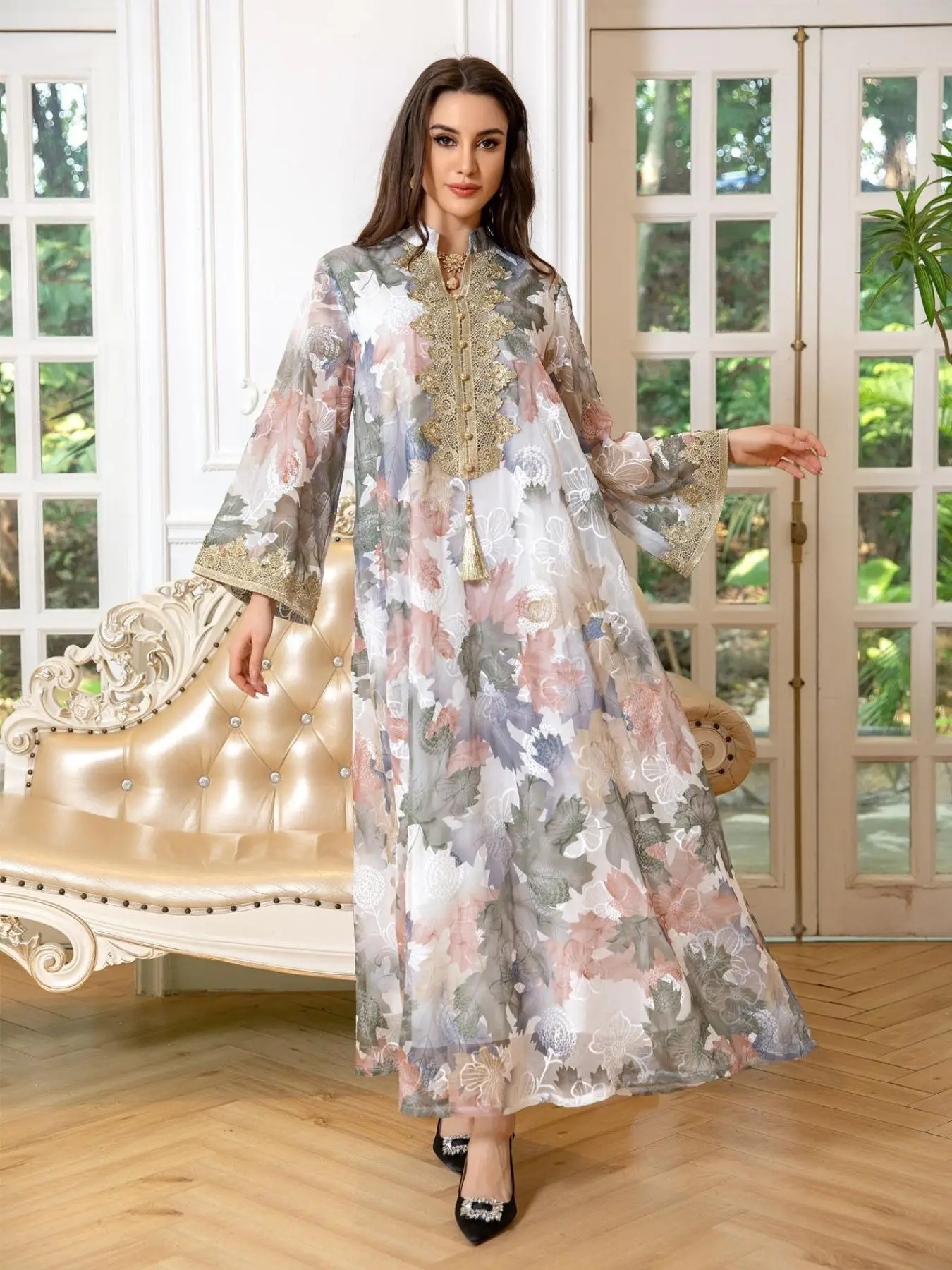 Women's Floral Embroidery Long Sleeve Abaya, Elegant Modest Maxi Muslim Dress for Party Daily Wear, Women's Islamic Clothing for Summer