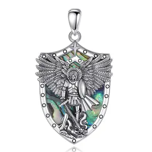 Eudora S925 Sliver St Michael Necklace With Sword Commander, Saint Michael Pendant Blue Opal, Archangel Defender Coin, Protect Us Medal, Military Jewelry Gift