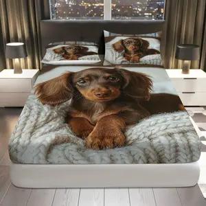 3Pcs Adorable Dachshund Puppy Cozy Fitted Sheet Three Piece Set (1*Fitted Sheet+2*Pillowcases, Coreless), Pet Lover theme, Soft Knit Texture Bedding Set, Mattress protector Soft, Breathable