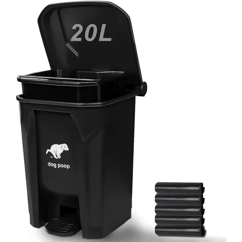 Trash Can Outside, 20L/5Gallon Pedal and Removable Inner Waste Bin, Outdoor Dog Poop Trash Can with 100 Bags, Pet Waste Container for Garden, Black