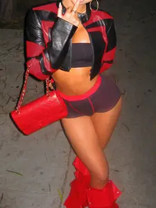 Women's Slim Fit Colorblock Short Leather Jacket, Fashionable Motorcycle Zipper Coat, Outerwear, Sexy Patchwork Design, Long Sleeve, Fall & Winter, Womenswear