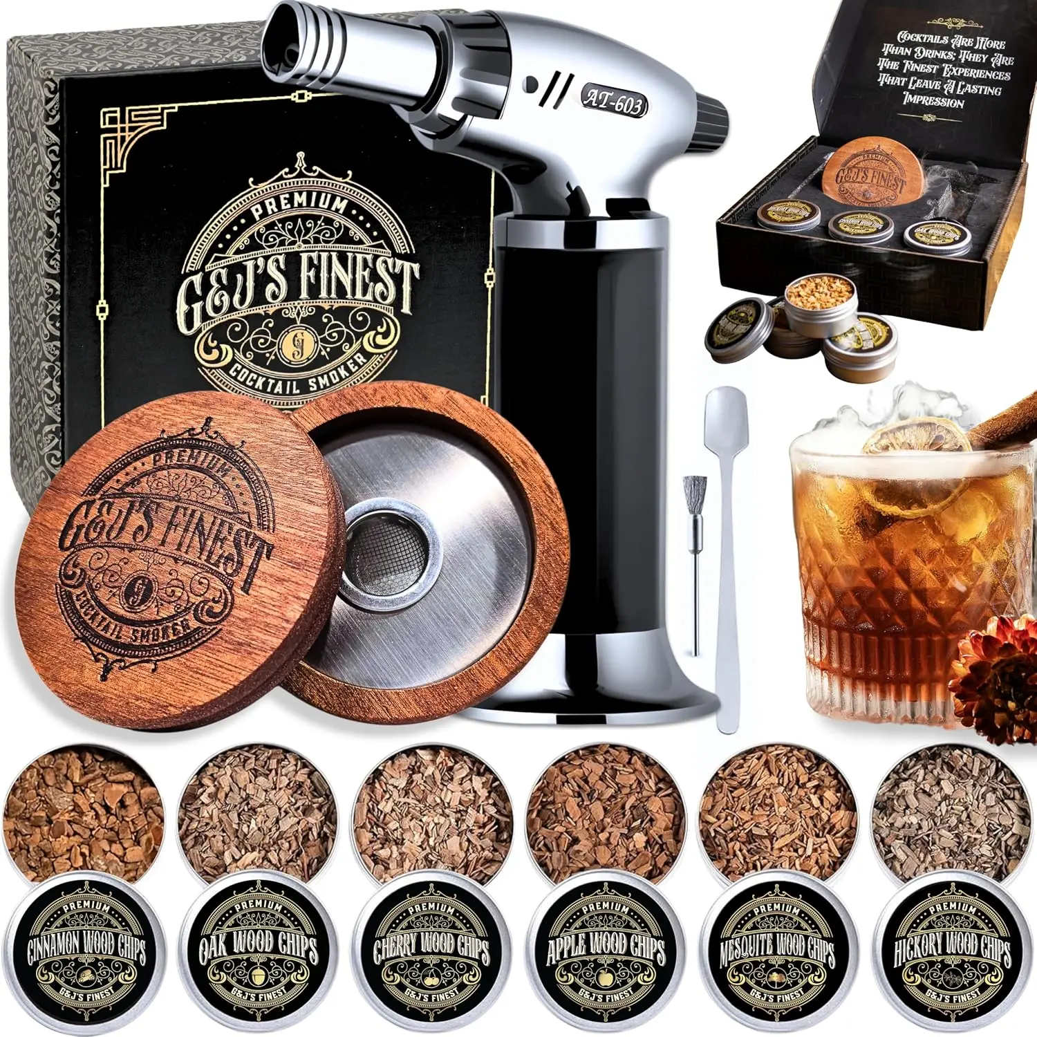 Cocktail Smoker Kit with Torch & 6 Wood Chips – Old Fashioned Whiskey Smoker for Drinks, Bourbon & Scotch – Gift Box for Men (No Butane)