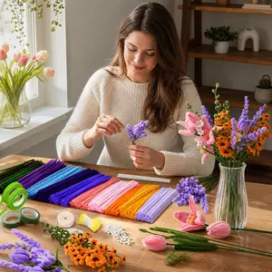 1346pcs Pipe Cleaner Flower Bouquet Making Kit, 18Colors Chenille Stems with 50+ Step by Step Video Tutorials, Complete Craft Set Includes Floral Tape Stems Wrapping Paper Stamens for Halloween Christmas Party Home Decor
