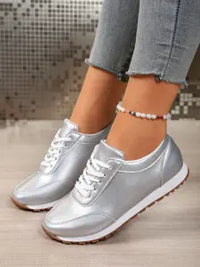 Vintage Trainer Shoes, Flat Laces Design Casual Women's Shoes, Versatile Silver Color Agony Shoes, Soft Breathable Daily Commute Shoes