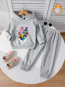 Girls' Fall Winter Fleece Set Hooded Sweatshirt & Jogger Pants, Cartoon Print Casual Sportswear, Cute Fun Design, Ideal Gift for Kids