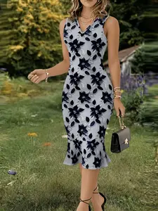 Elegant V-Neck Slim Fit Women's Dress, Waist-Cinch Print Fish Tail Design, Casual Vacation Wear, Flattering and Stylish