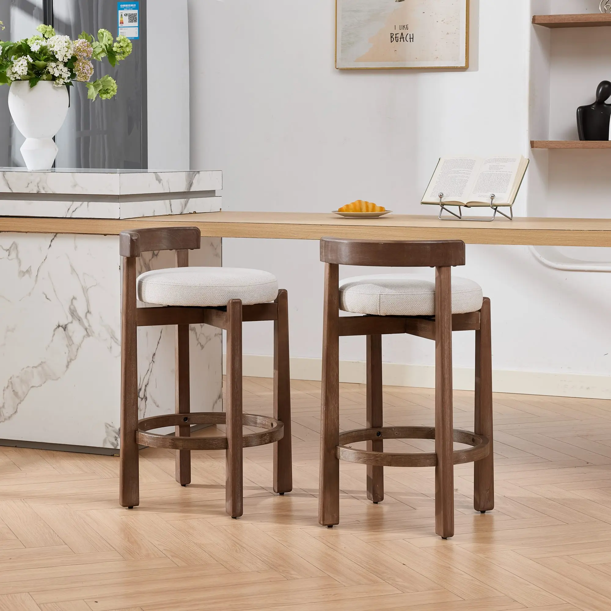 2-Piece 360° Adjustable Aesthetic Round Bottom 26" Mid-Century Modern Swivel Bar Stools, Solid Wood Frame, Soft Linen Upholstered Seat, Back & Footrest, Space-Saving Design for Kitchen Island, 360° Adjustable Barstools, Aesthetic Round Bottom Barstools