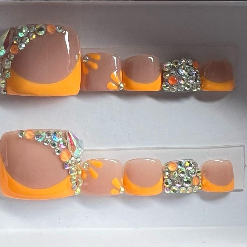 Pedicure Set with Orange Bling Design Featuring Sparkling Rhinestones and Vibrant Orange Accents for Stylish Foot Care