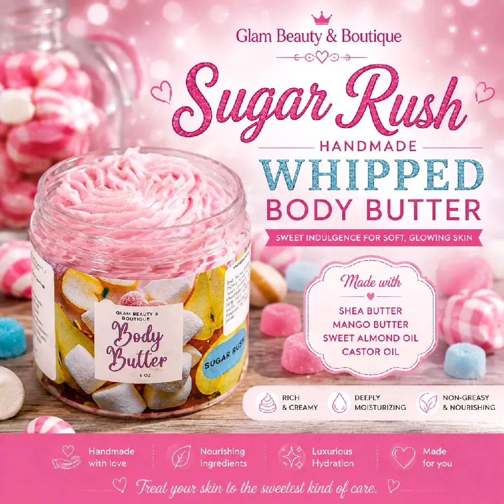 Sugar Rush Whipped Body Butter. Handmade Shea & Mango Butter Body Frosting. All Natural Non Greasy Emulsified Body Butter moisturizing Anti-Aging Cocoa Butter Moisturizer