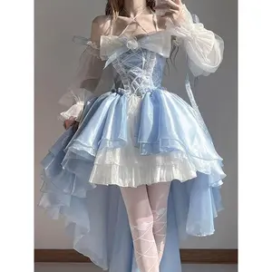 2025NewFrenchRomanticLolitaElegantDressIrregularCosplayPrincessPuffSleeveBowknotFlowerMeshFantasticFairyDresses