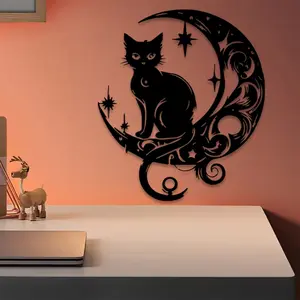 1pc Moon Cat Metal Wall Art, Moon Cat Statue Mural, Perfect for Bedroom Wall, Halloween Decor, Ideal Gift for Pet Lovers, Modern Home Decor, Moon Sign Home Decor, Wall Decoration, Powder-Coated Metal