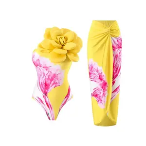 Women's 3D Flower Decor One-Piece Swimsuit & Cover Up Skirt Set, Casual Fashion Swimwear Set for Beach Holiday Vacation, Ladies Swimsuit for All Seasons