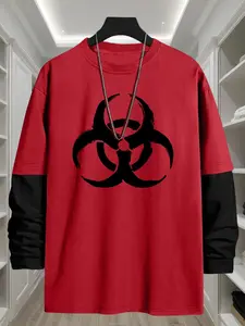 Men's Biohazard Symbol Print Round Neck Long Sleeve Tee, Loose Casual Fashion Crew Neck T-shirt for Daily Wear, Men's Top for All Seasons, Casual Stylish Tee