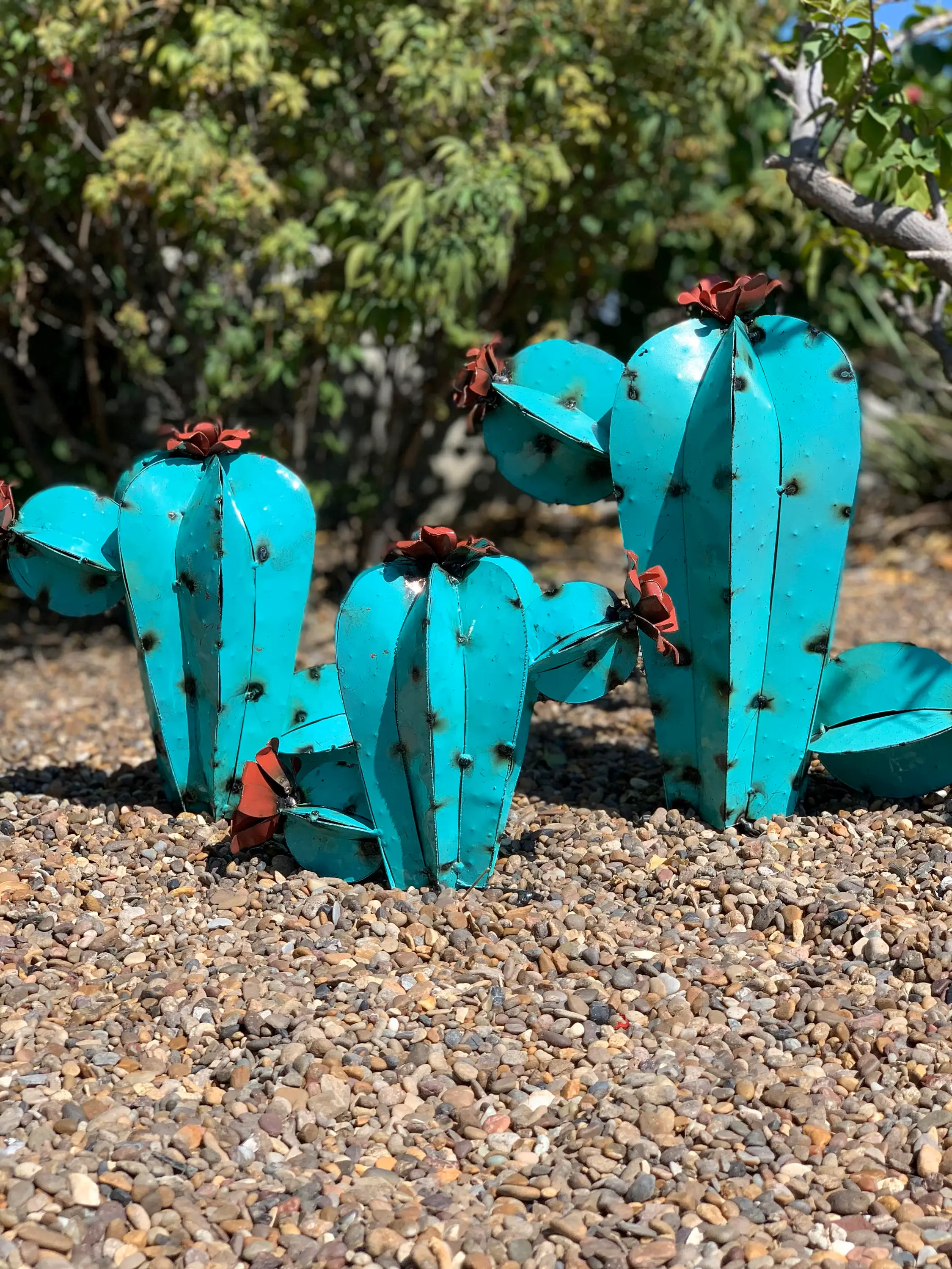 Turquoise Metal Cactus Garden Sculptures – Rustic Southwestern Desert Décor