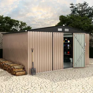 10x12 FT Metal Storage Shed with Floor, Lockable Door & Air Vent, Garden Tool Shed Kit for Backyard, Garden & Patio Outdoor Storage, Galvanized Steel, Sloped Roof, Weather Resistant