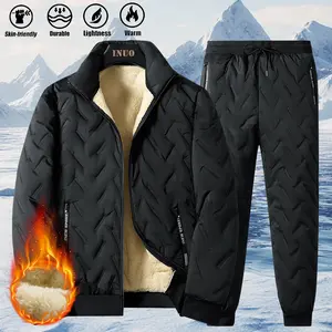 New Fleece Lined Thickened Jacket Men's Winter Set, Fleece Windproof Thickened Lambswool Cotton Coat, Loose Top Cotton Vest Warm Two-Piece Suit, Suitable for Outdoor Sports, Mountain Climbing Running