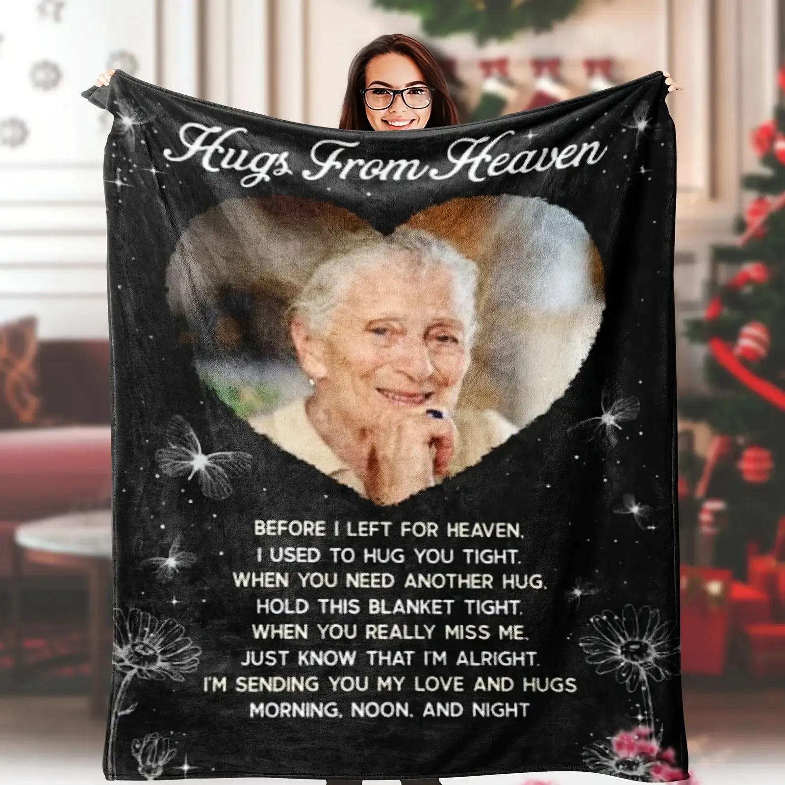 1-Piece Customized Photo-Print Flannel Blanket, Mourning Sympathy Gift for Family Members, Soft & Warm Animal Pattern Blanket, Local Warehouse Commemorative Souvenir