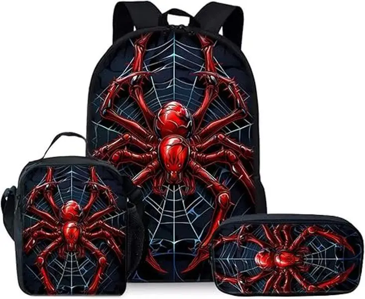 Edgy Black Spider Graphic Kids Teen Backpack Set, Skin-Friendly Waterproof Polyester Cool Red Spider Web Full Print 3 Piece Matching Bag Pack, Ergonomic Cushioned Comfort Wear, School Road Trip Goth Casual Student Travel Bookbag