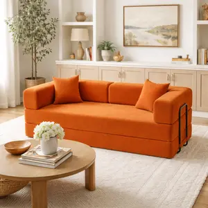 Full Foam Modular Sofa Bed, Soft Corduroy Lounge Couch with 2 Cushions, Compressed & No Assembly Required, for Living Room, Orange (76.38"x35.04")