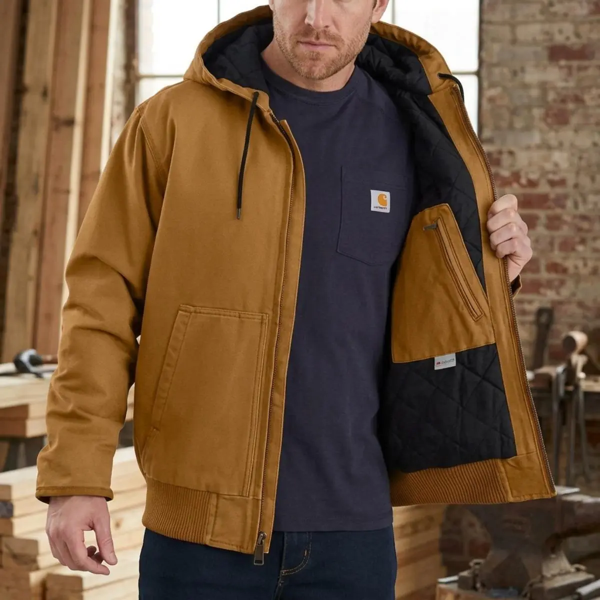 Vintage American Washed Canvas Hooded Work Jacket, Carhartt 104050 J130 Thick Fleece Lined Outerwear
