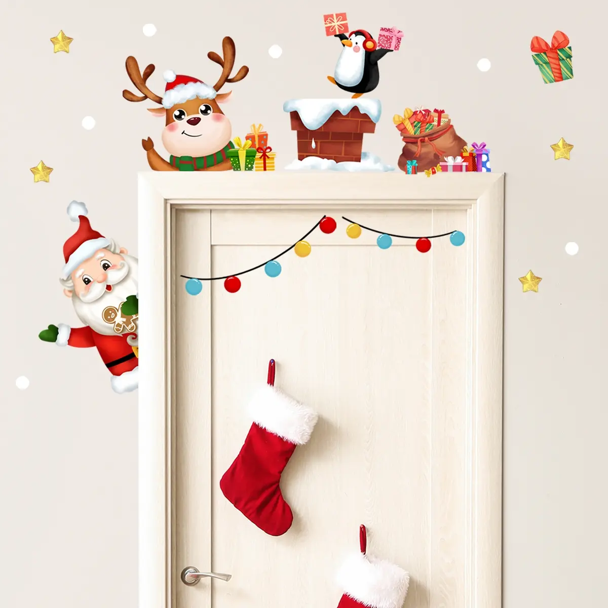 Set of 3 Christmas Wall Stickers, Santa Reindeer Penguin Designs, Self-Adhesive Decorations for Bedroom Living Room Door Frame