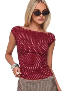 EMMIOL Off Shoulder Tops for Women Cute Sleeveless Polka Dot Shirts Ruched Sexy Going Out Tank Top Y2K Clothes