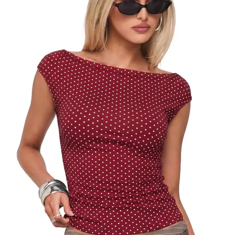 EMMIOL Off Shoulder Tops for Women Cute Sleeveless Polka Dot Shirts Ruched Sexy Going Out Tank Top Y2K Clothes【Back to School】