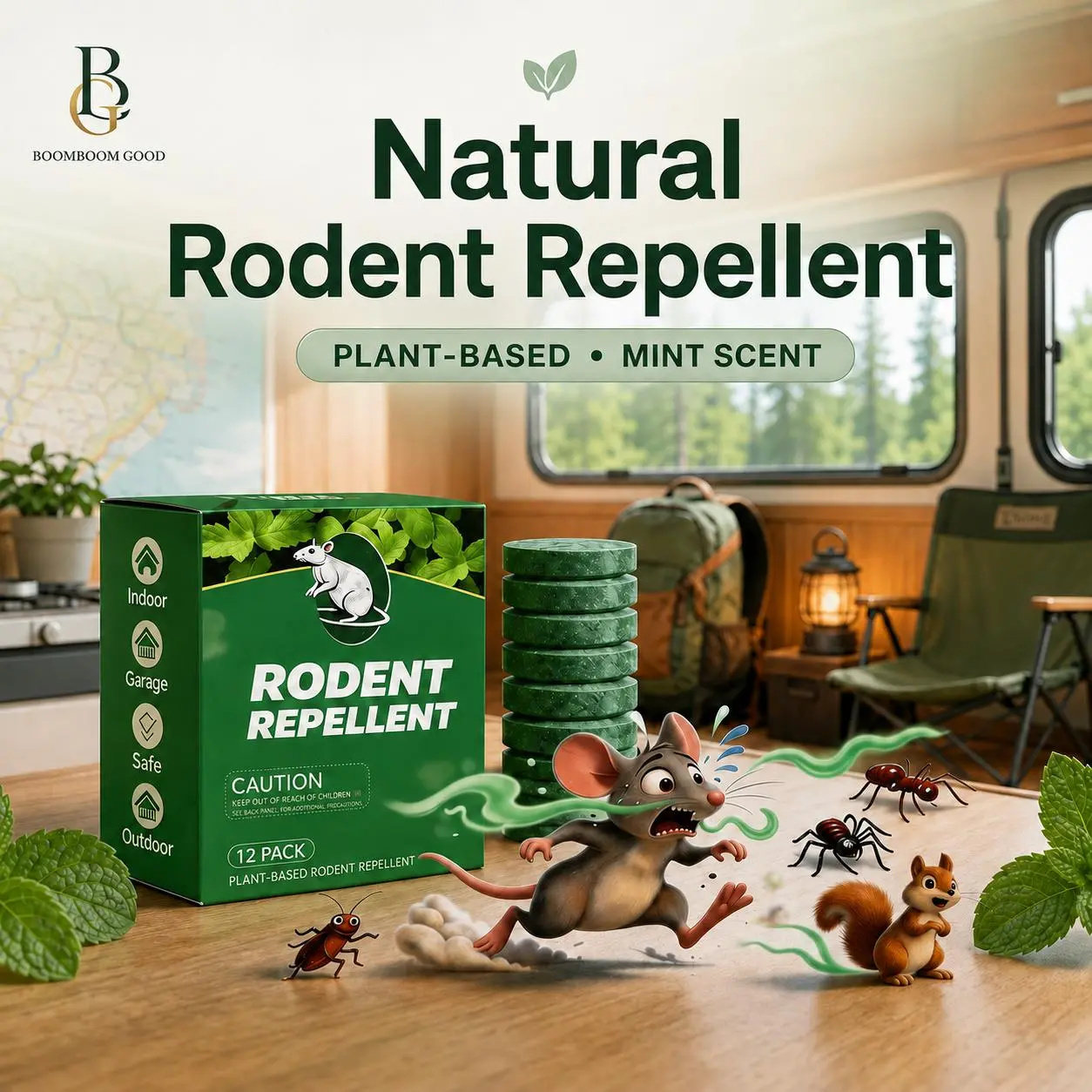 Natural Rodent Repellent Tablets, Plant-Based Fresh Mint Scent Mouse & Rat Deterrent for Indoor, Garage, Car, RV, Storage & Outdoor Use, 12 Pack