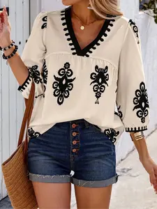 【Plus Size】 Ethnic Pattern Blouse, Shirts, Boho Ethnic Style 3/4 Sleeve V Neck Casual Classy Top for Summer, Women's Clothes for Daily Wear