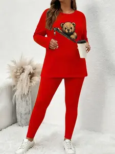 Women's Fall Winter Fitted Plus Size Cartoon Bear Zipper Print Long Sleeve Casual Pocket Jogger Pants Two-Piece Set