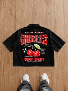 Men's Cherry & Letter Print Short Sleeve Shirt, Regular Fit Casual Soft Comfy Top for Summer, Men's Clothes for Daily Wear, Casual Street Fashion, Menswear