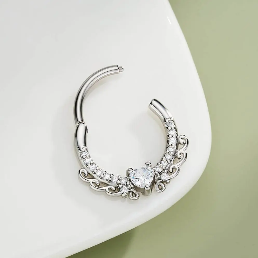 OUFER 16G Septum Ring, Dainty Heart-Shaped 316L Stainless Steel Hinged Segment Hoop with AAA+ CZ, Nose Piercing Jewelry for Daith, Helix, Cartilage (8mm/10mm)