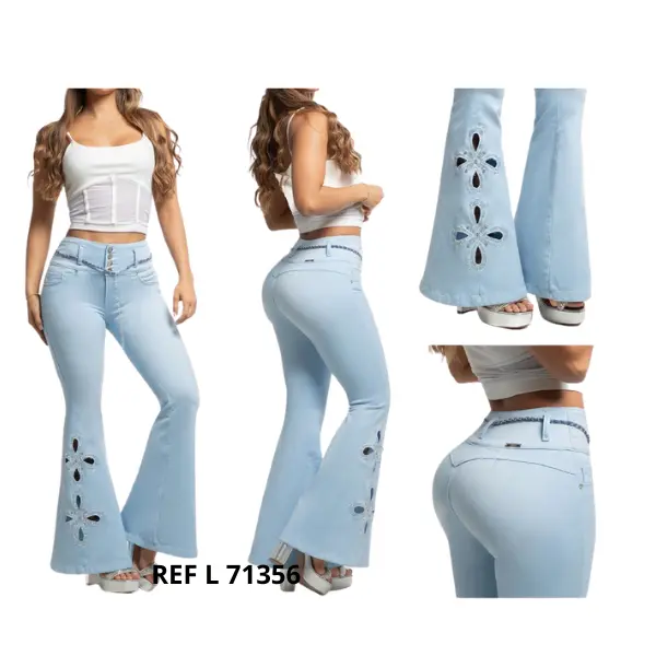 Premium Colombian bell-bottom jeans with a push-up effect that enhances the buttocks. A slim fit with a beautiful rhinestone detail that accentuates your curves. Beautiful jeans.