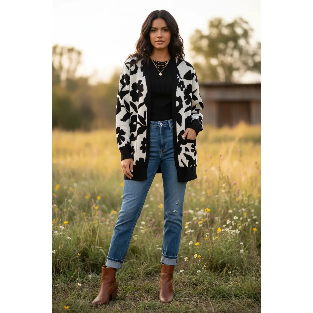 LuLaRoe Peyton • Open Front Cardigan • Boho Style • Ivory Black Floral