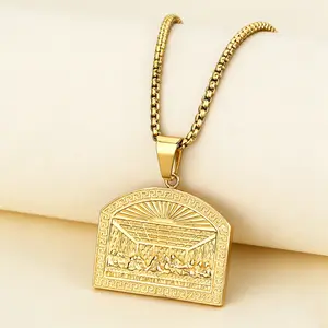 The Last Supper Solid Heavy Brass Necklace Hip-hop Personality Pendant 3D Carved Vintage Golden Plating 60cm Chain 32.2g Weight