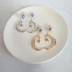 #499 Crescent Moon with Dangling Star with Blue Rhinestone & Sun Stud with Blue Rhinestone Earrings, Casual, Astronomy, Celestial, Zinc Alloy