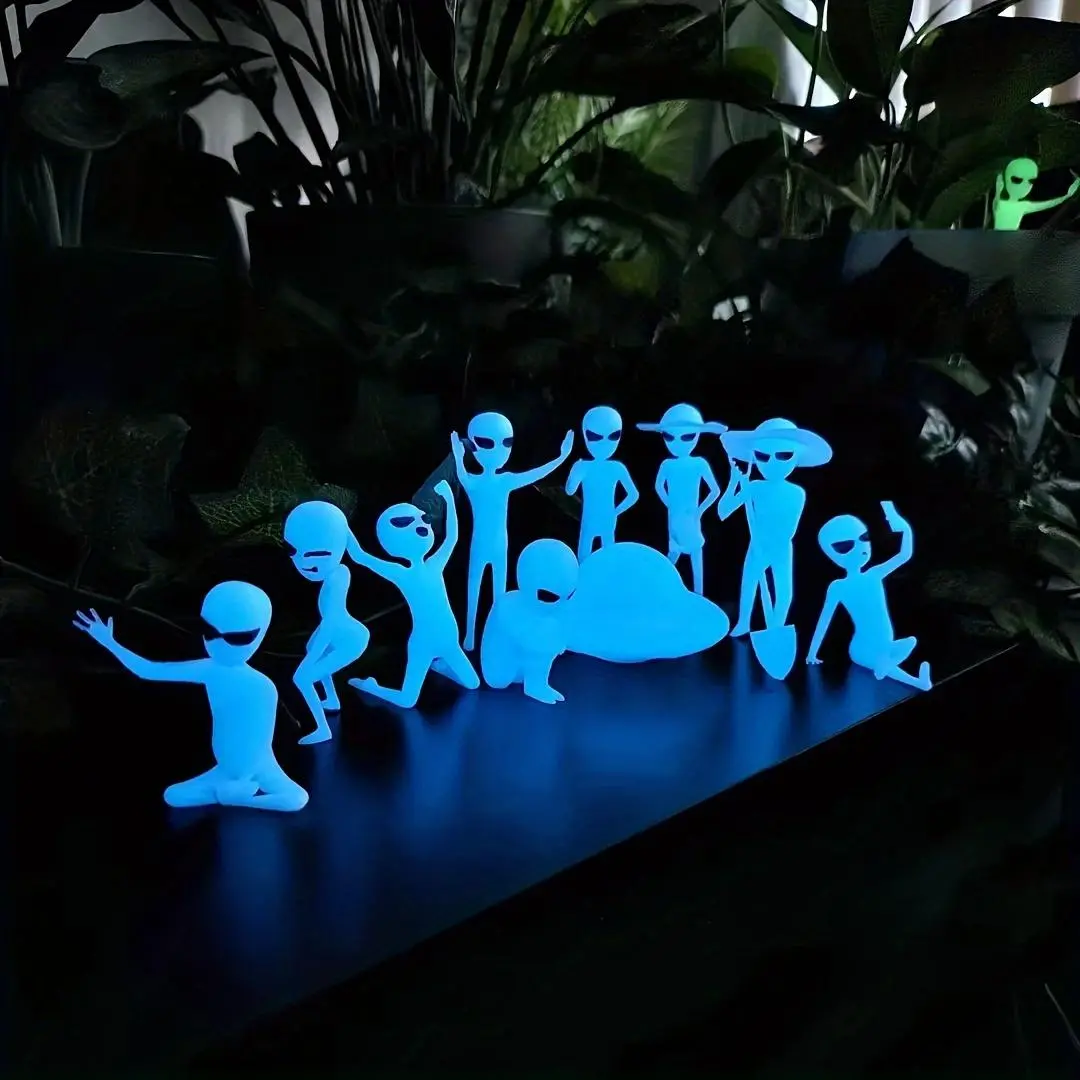 10-Piece Fluorescent Alien Statue Set, Resin Craft Collectibles, Decorative Home & Garden Decor, Indoor/outdoor Use, No Batteries Needed, Nighttime Display