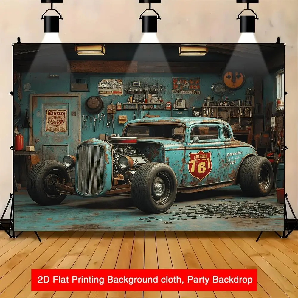 1pc Polyester 2D Flat Banner - Rustic Vintage Car Print, Hot Rod Theme Backdrop for Garage Workshop, Birthday Events, Home & Festive Decorations