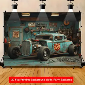 1pc 2D Flat Banner, Rustic Vintage Garage Workshop Car Hot Rod Theme Party Backdrop - cm Polyester Photography Background for Studio, Birthday, Summer, Music Parties, Event Decoration | Vintage Car Design | Dur