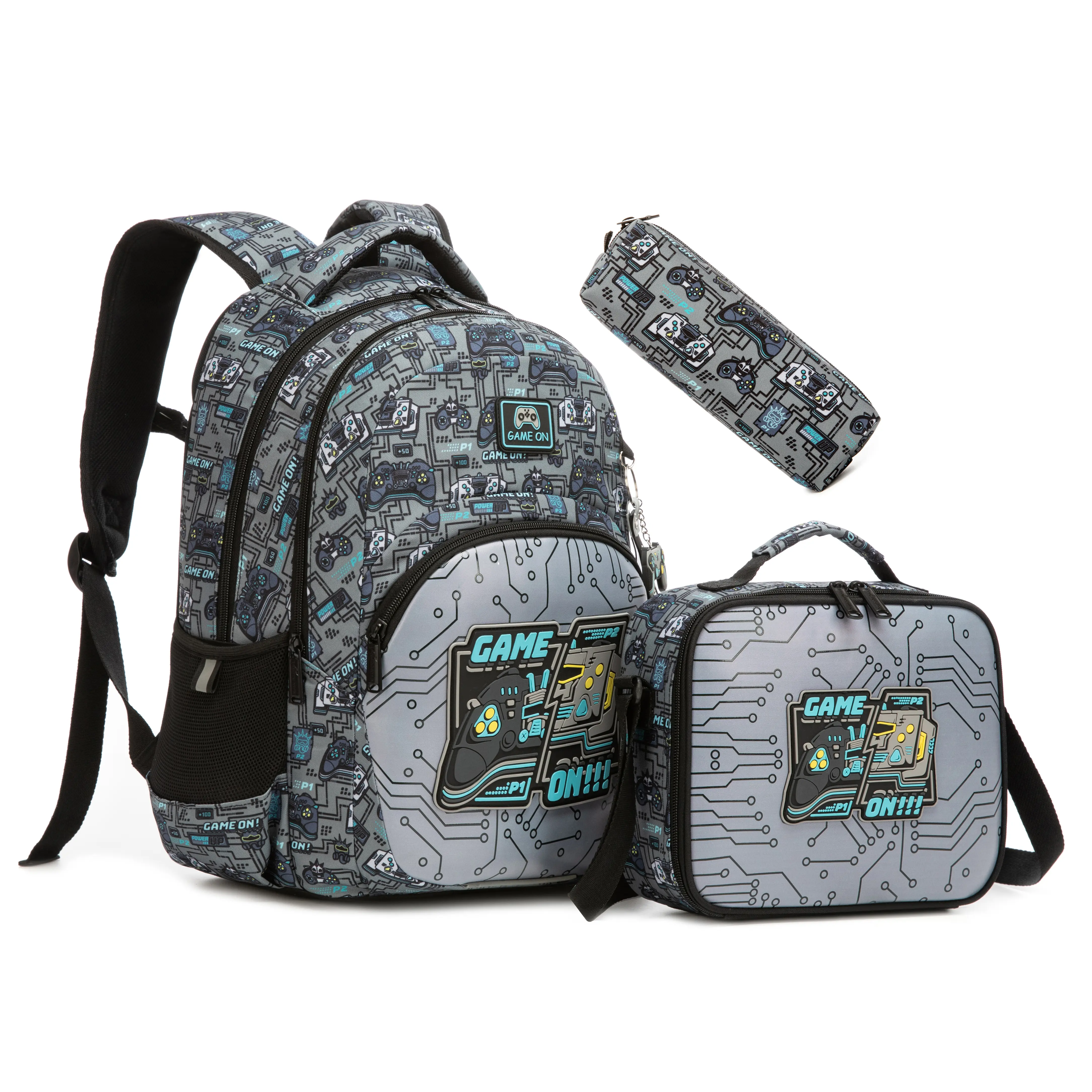 Boys Gamer Backpack 3pcs Set | Game On Video Game Controller School Bag with Lunch Box & Pencil Case | Grey Cyber Circuit Elementary Kids Bookbag 2026