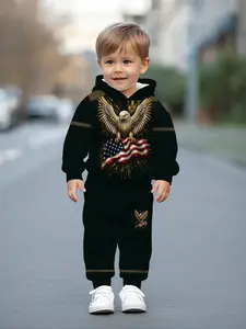 Digital printed hooded sweatshirt set, Graphic print set, for baby boys featuring black-gold base with golden feather and white-headed eagle patterns. This casual outfit is perfect for daily outings, serving as a gift choice for little bo