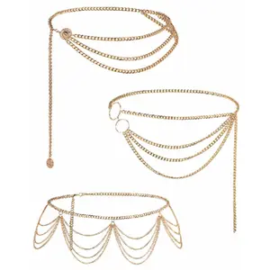 3 Pieces Belly Waist Chain Multi Layer Metal Waist Chain Body Summer Beach Chain for Women and Girls