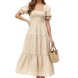 Chouyatou Women’s Summer Boho Plaid Square Neck Puff Sleeve Dress Loose Flowy A-Line Midi Dress