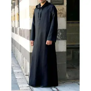 Men’s solid-color hooded robe, casual comfortable long-sleeve buttoned robe for daily wear, men’s Islamic clothing for all seasons GARMENTARY