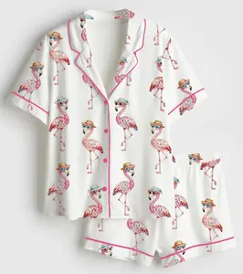 Women’s Flamingo Summer Beach Vacation Short Sleeve Silky Satin Pajama Set for Adult & Youth, No Pocket Pajama Set, Matching Family Sleepwear Set, Summer Vibe Pajamas, Cute Flamingo Pajama Set